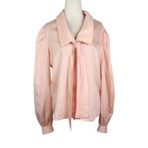 Vintage 80s Light Pink Grid Print Satin Bow Tie Blouse Top L